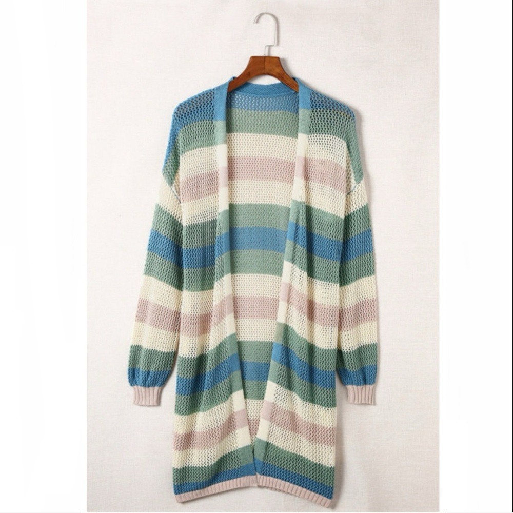 Green Striped Hollowed Knit Cardigan - Picture 9 of 10